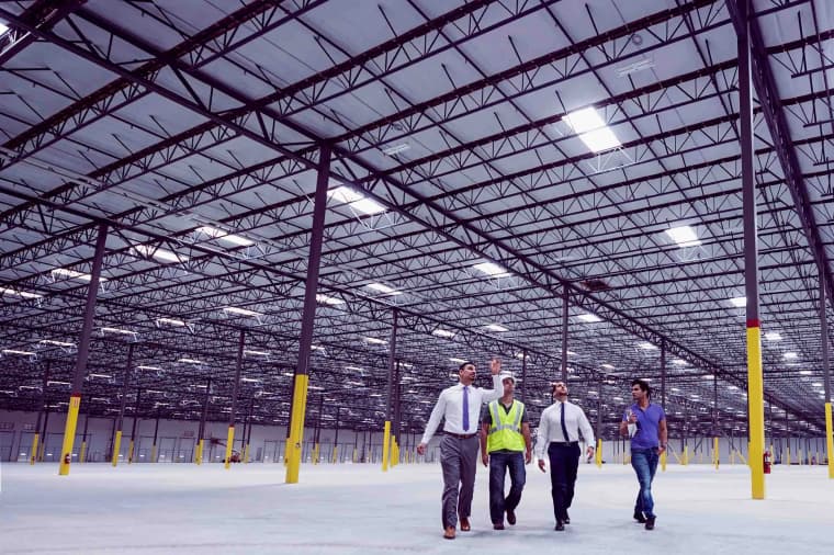 Construction workers walking through a building