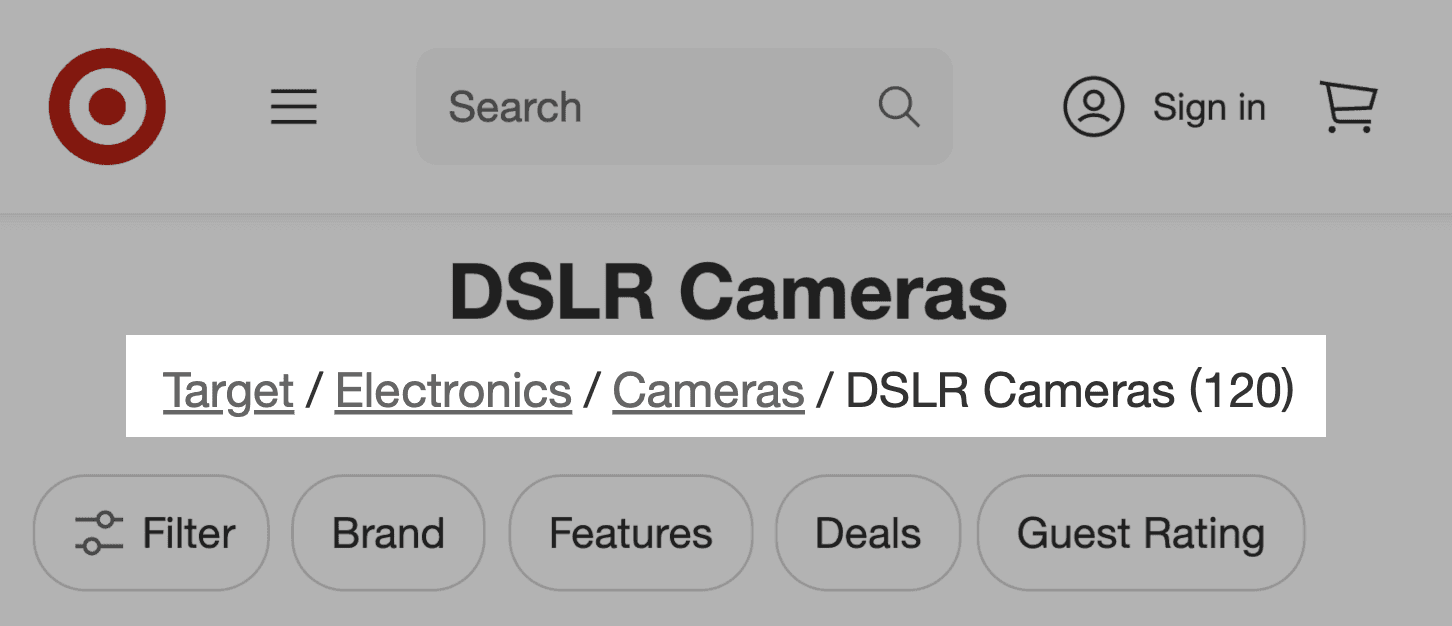 Example of a website breadcrumb from Target showing a hierarchy-based