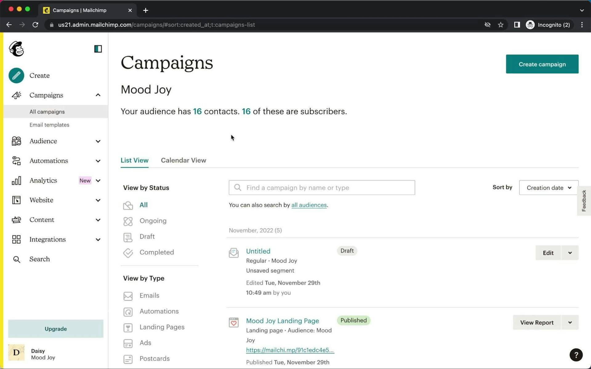 MailChimp user interface showing email campaigns