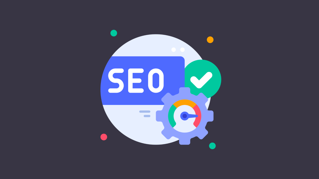 SEO graphic with checkmark and gear icon